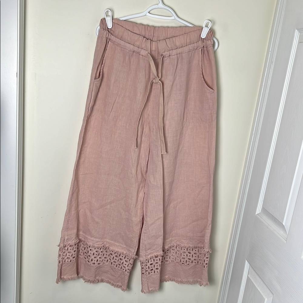 BC Italy Made Lush Pink Wide-Leg Plazzo 50% Linen Drawstring Pants with Lace Hem